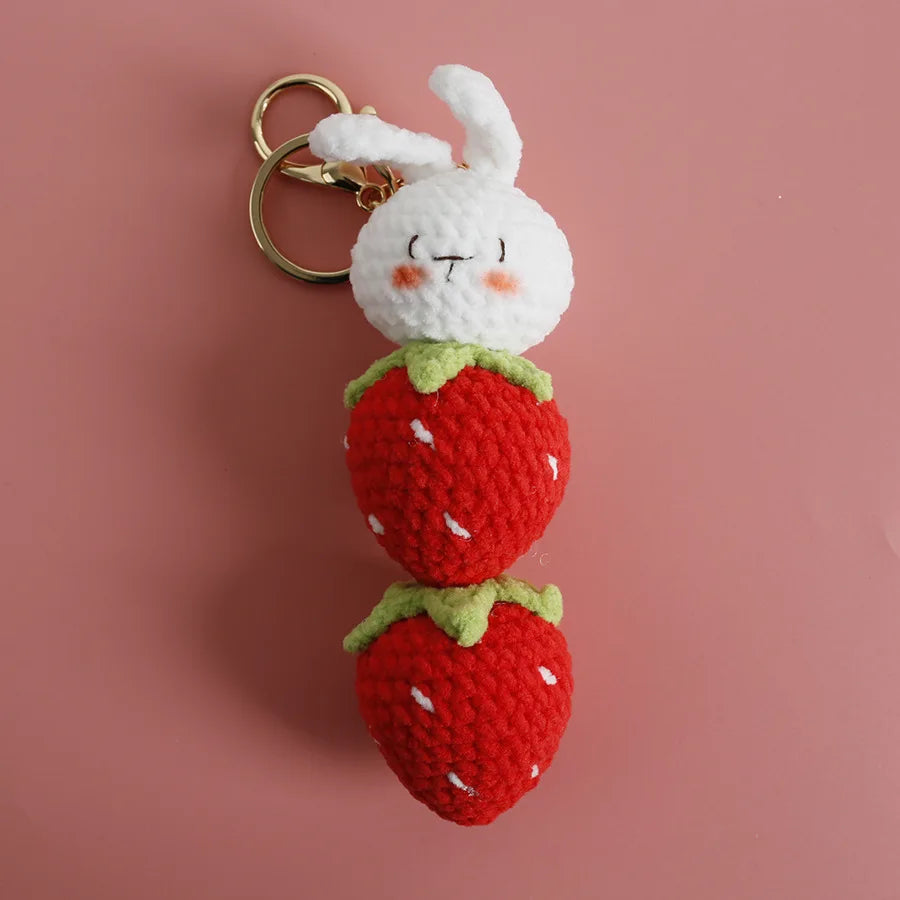Double Strawberry Bunny Crochet Keychain